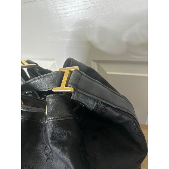 Vintage MCM Bag Black Nylon with Leather Trim Visetos Drawstring Bucket Bag - Picture 7 of 15